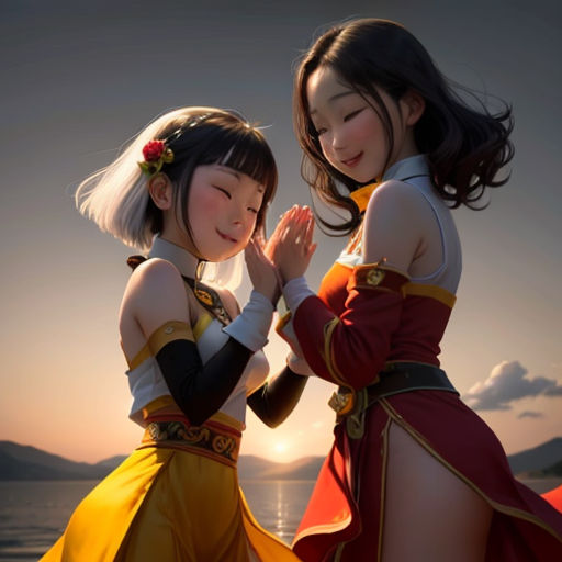 two women in dresses standing next to each other on a beach at sunset with the sun setting behind them