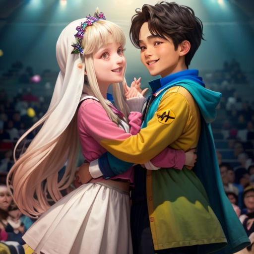 a couple of anime characters standing next to each other in front of a crowd of people in a stadium