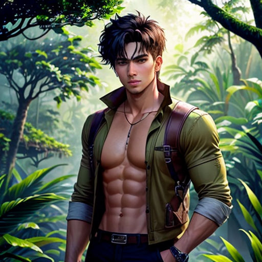a man with a shirt on standing in a jungle with trees and plants behind him, with a backpack on his shoulder