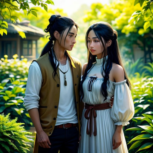a couple of people standing next to each other in a forest with trees and bushes behind them and a house in the background