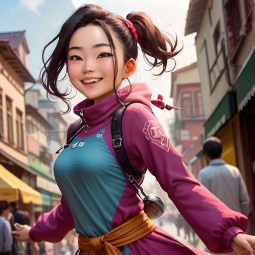a woman in a dress is standing in the street with a backpack on her back and a smile on her face