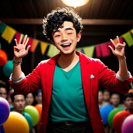 a man with a red jacket and green shirt standing in front of a crowd of balloons and flags with his hands up