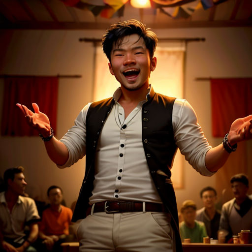 a man is laughing while standing in front of a group of people in a room with a ceiling fan