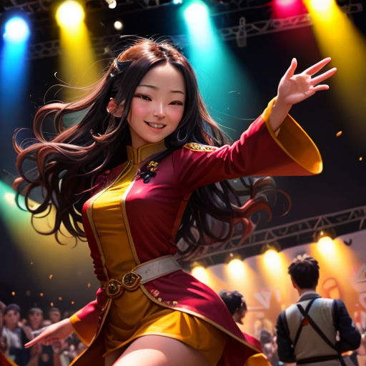 a woman in a costume is dancing on stage with lights behind her and people in the background watching her