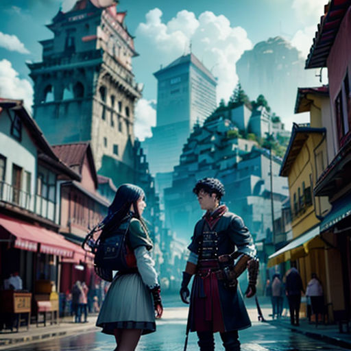 a couple of people standing on a street next to each other in front of a cityscape with tall buildings