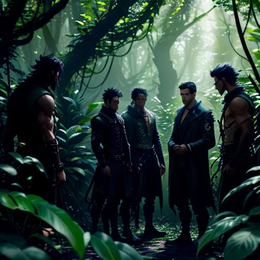 a group of men standing in the middle of a forest with trees and plants around them, all looking at something
