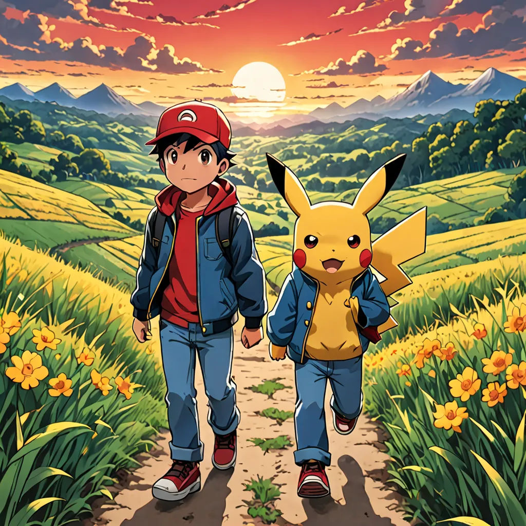 a man and a woman walking down a path with a pokemon pikachu on their back and a sunset behind them, rayonism, poster art, Drew Struzan, official art