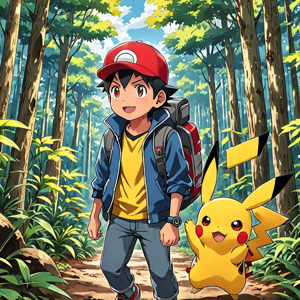 a man in a red hat and a blue jacket and a yellow shirt and a pokemon pikachu, rayonism, concept art, Ai-Mitsu, official art