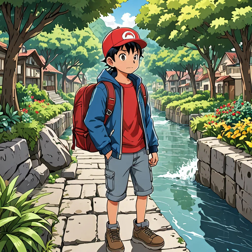 a boy with a backpack standing on a stone path near a river and houses in the background with a stream running through it, environmental art, concept art, artist, official art