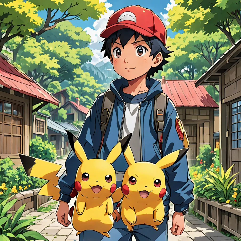 a man holding two pikachu in front of a forest and buildings with trees in the background and a red hat on, rayonism, poster art, Adam Manyoki, official art