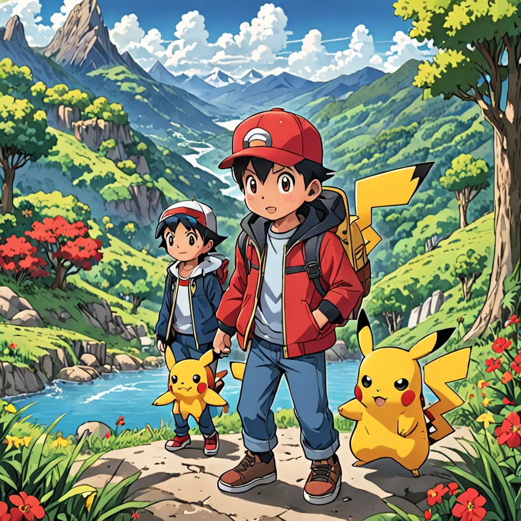 a man and a child standing in front of a mountain with a pokemon pikachu on it's back, environmental art, poster art, Ai-Mitsu, official art