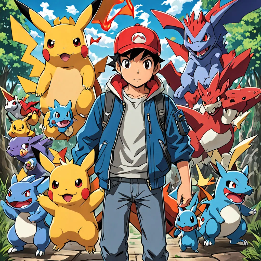 a man standing in front of a group of pokemons in a forest with trees and bushes in the background, rayonism, poster art, Baiōken Eishun, pokemon