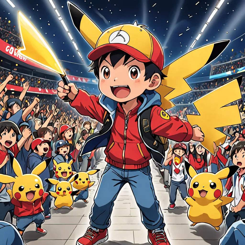 a boy in a red jacket and a yellow pokemon hat holding a yellow pokemon pikachu toy in front of a crowd of people, shock art, concept art, Baiōken Eishun, official art