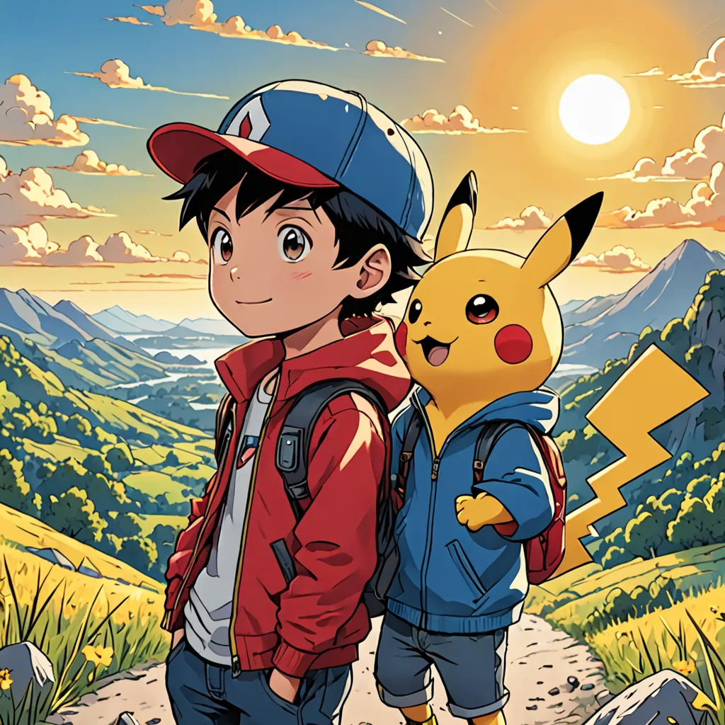a boy and a girl are standing in front of a mountain with a pokemon pikachu on it, photorealism, a comic book panel, Drew Struzan, official art