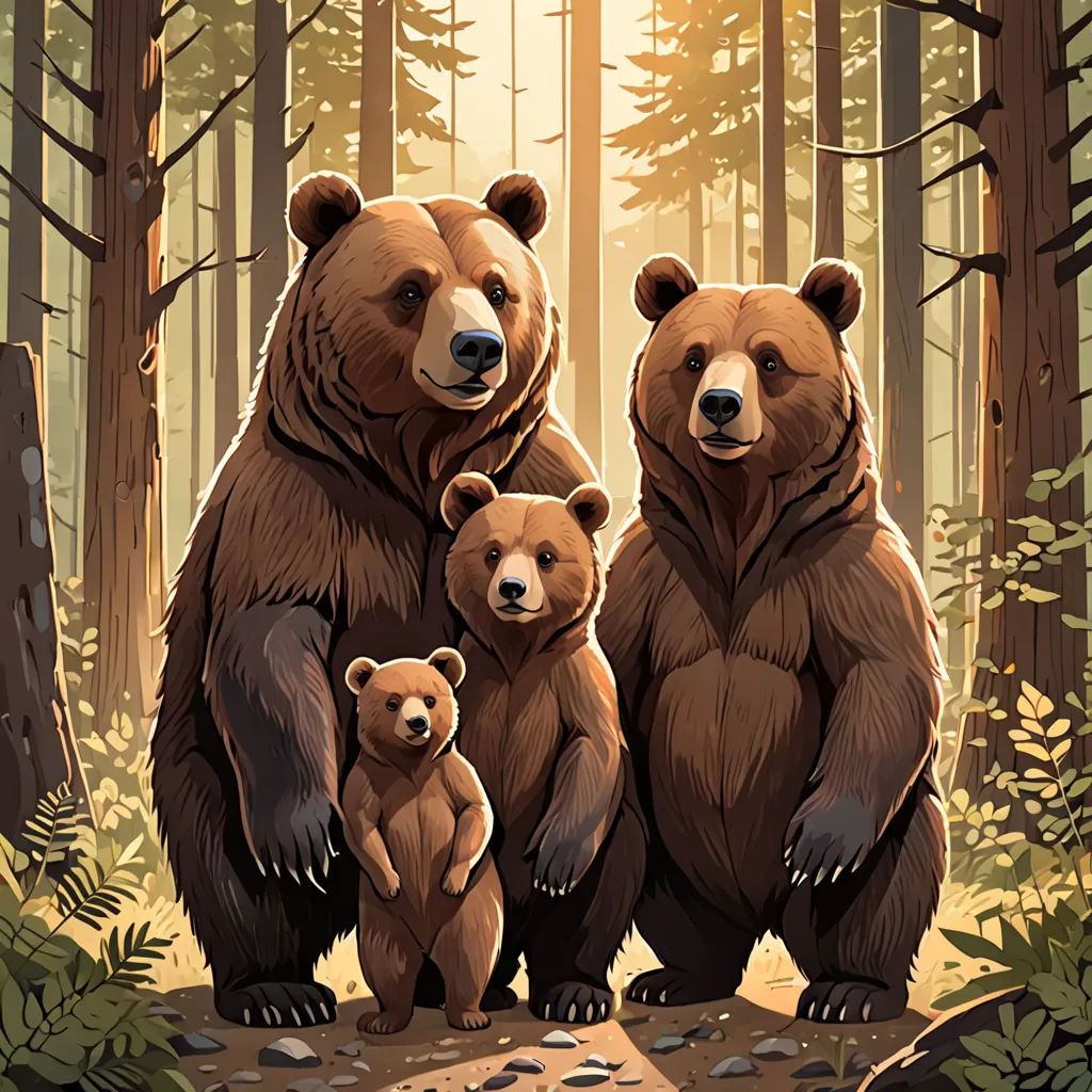 a family of bears standing in a forest with trees and rocks in the background, with the sun shining through the trees, furry art, a storybook illustration, Dan Mumford, official art