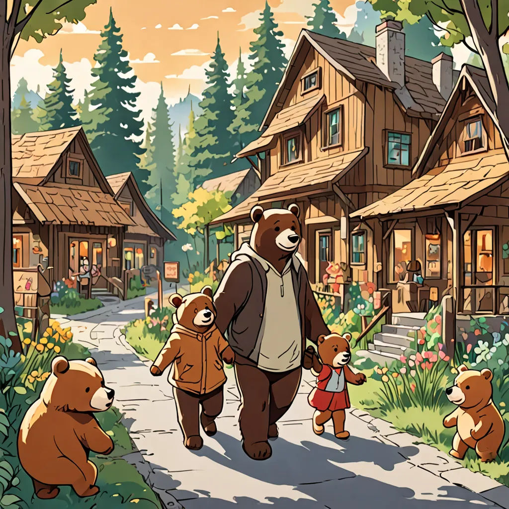 a bear family walking down a path in front of a house with a bear on it's back, furry art, a storybook illustration, Chris LaBrooy, official art