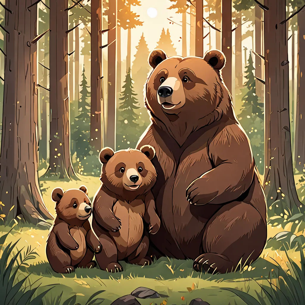 a bear and two cubs sitting in the woods together, with the sun shining through the trees behind them, furry art, a storybook illustration, Dan Mumford, official art