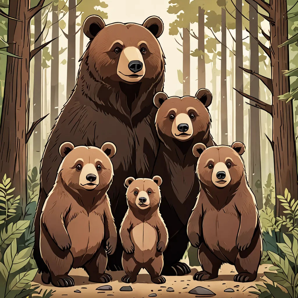 a family of bears standing in the woods together, with a bear behind them, and another bear behind them, furry art, an album cover, Dan Mumford, official art