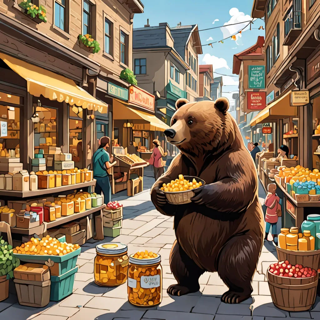 a bear is standing in a market holding a bowl of food in his hands and a woman is standing behind him, magical realism, a storybook illustration, Chris LaBrooy, official art