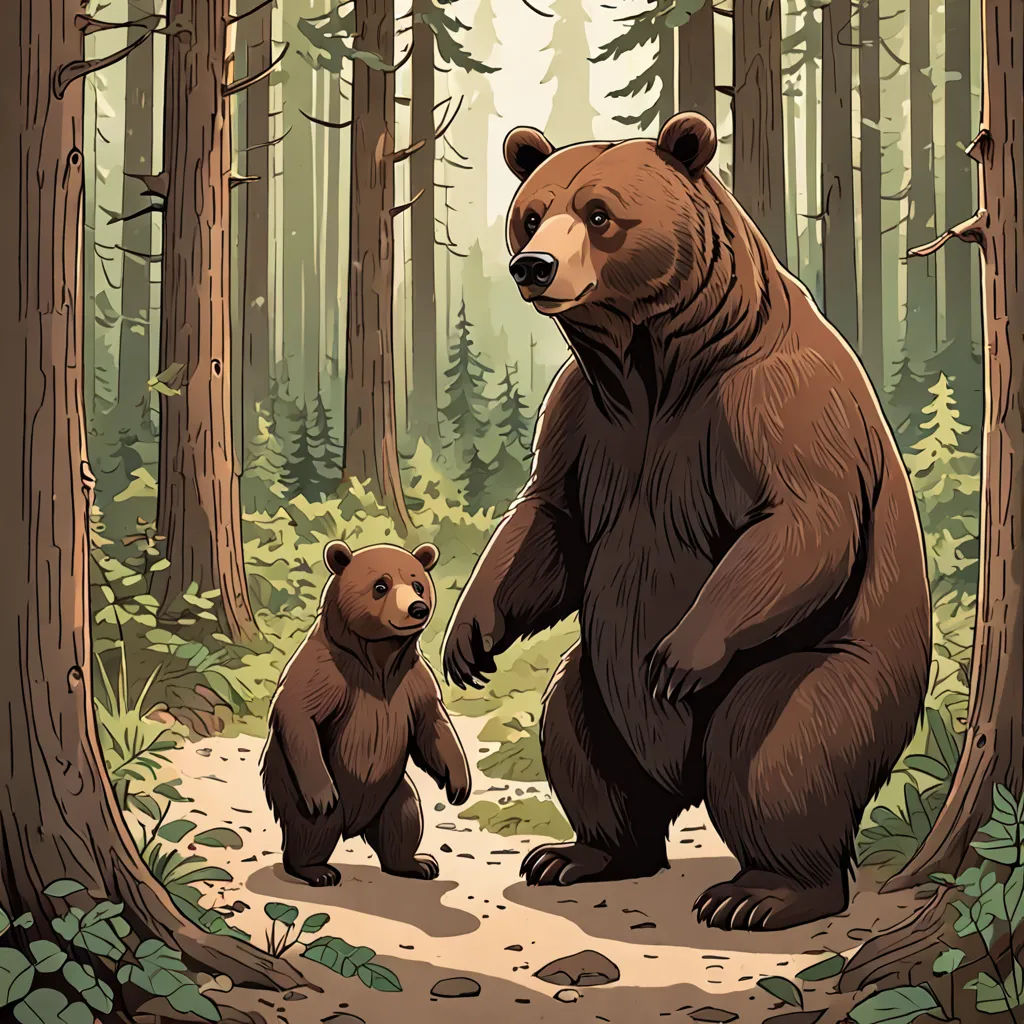 a bear and cub stand in a forest with trees and leaves on the ground, and another bear is standing on its hind legs, furry art, a storybook illustration, Dan Mumford, josan gonzales and dan mumford