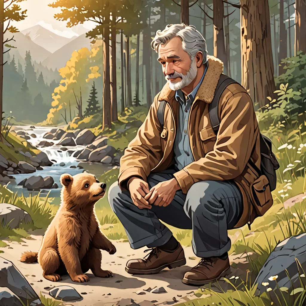 a man kneeling down next to a bear in a forest next to a river and trees with a mountain in the background, furry art, a storybook illustration, Aaron Jasinski, official art