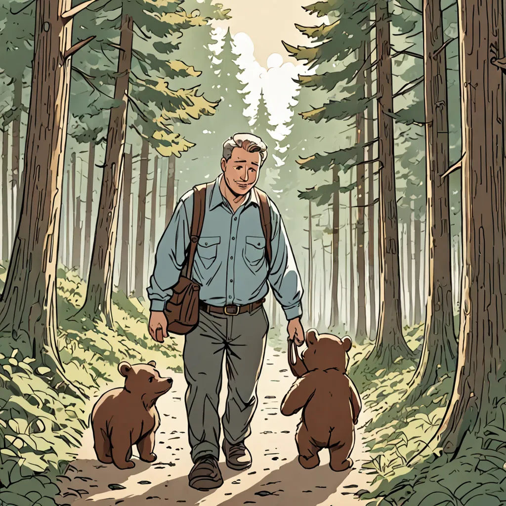 a man walking with two bears in the woods on a path in the woods, with trees and grass, process art, a storybook illustration, Asaf Hanuka, comic cover art