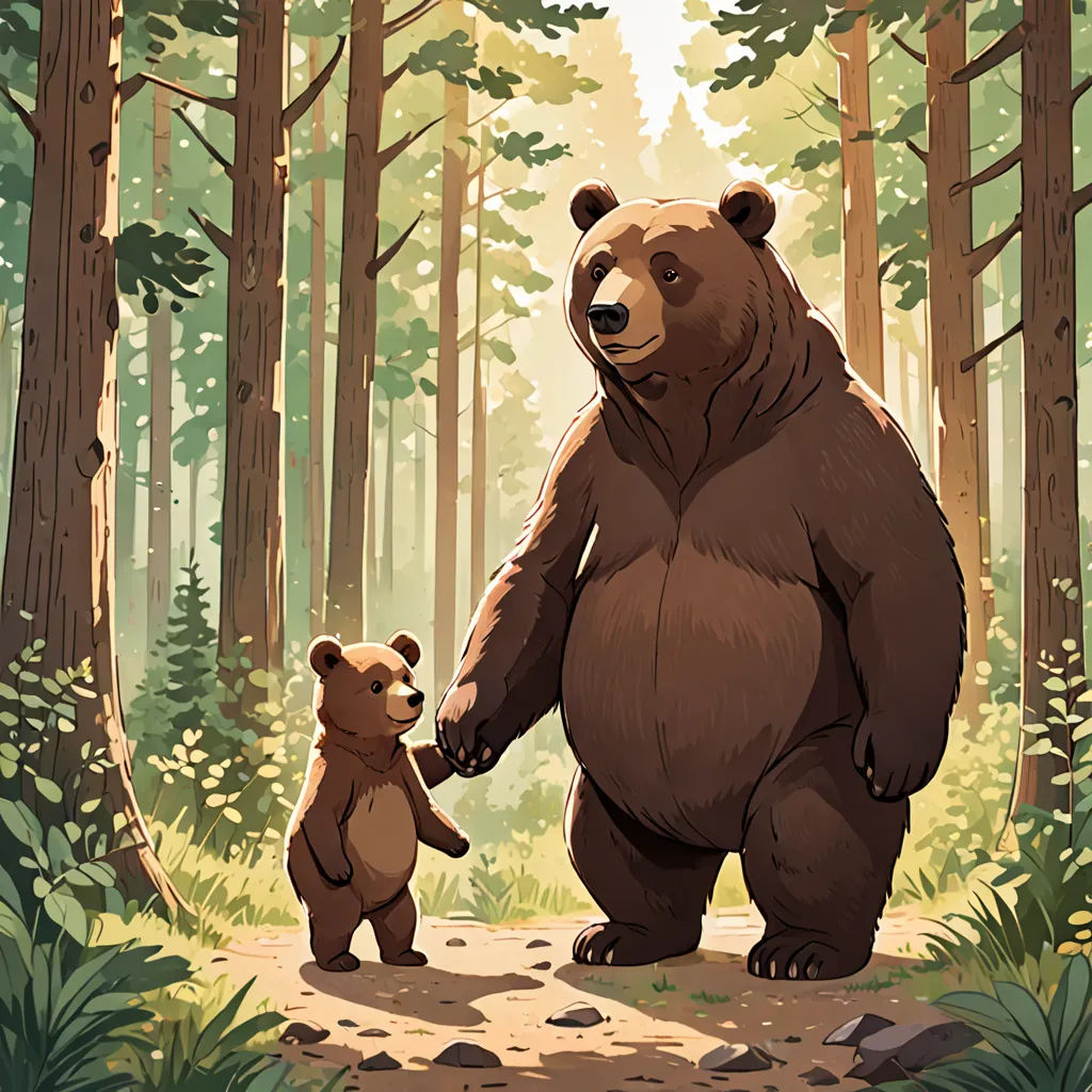 a bear and a cub are standing in the woods together, holding hands and looking at each other's eyes, furry art, a storybook illustration, Atey Ghailan, official art