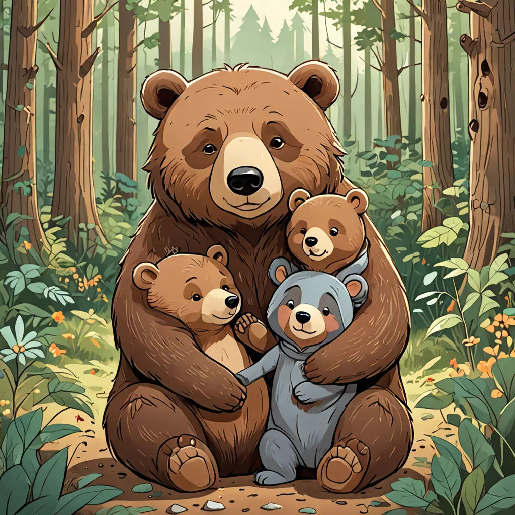 a bear family sitting in the woods with their two cubs on their back, and a third bear holding the baby bear, furry art, a storybook illustration, Chris LaBrooy, official art