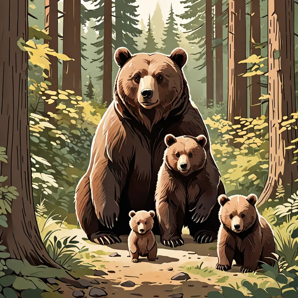 a bear family in the woods with their cubs on a path between trees and rocks, with a forest background, furry art, a storybook illustration, Dan Mumford, official art