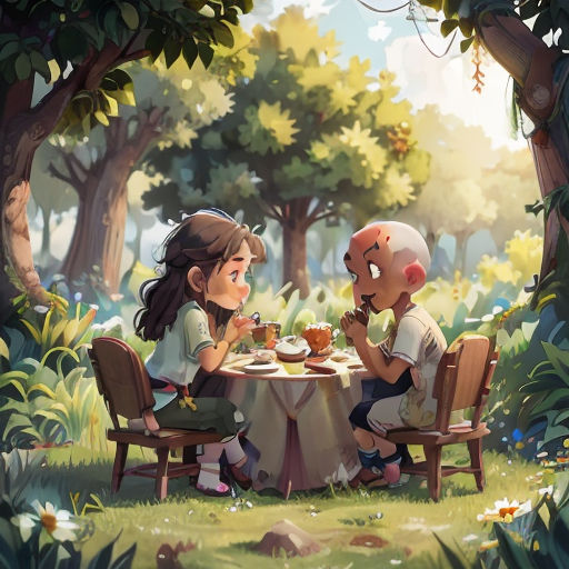 a couple of people sitting at a table in the woods eating food together with a dog standing next to them