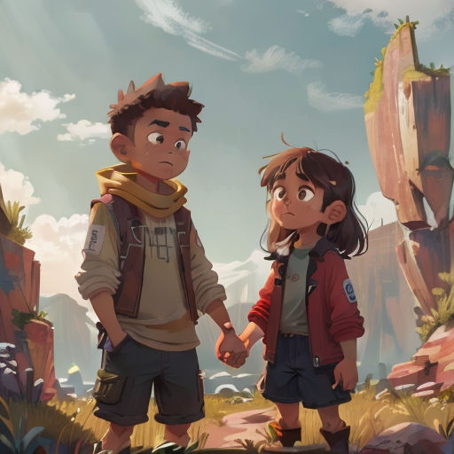 a boy and a girl holding hands in a cartoon scene with a mountain in the background and a sky in the background