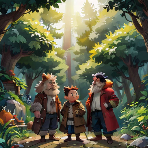a group of people standing in the middle of a forest with trees and rocks on the ground and a forest background