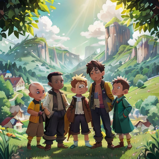 a group of people standing in front of a mountain range with a sky background and trees and a sun