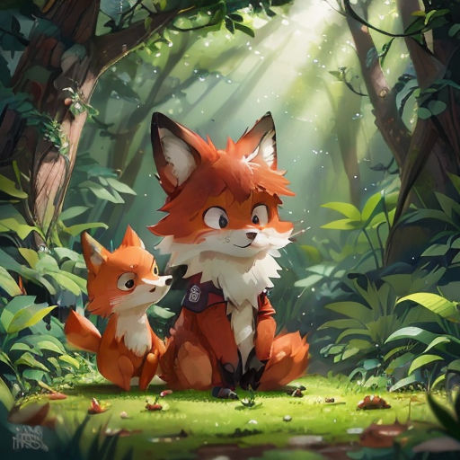 a fox and her cub in the forest by a tree with leaves on it's branches, with a light shining through the trees