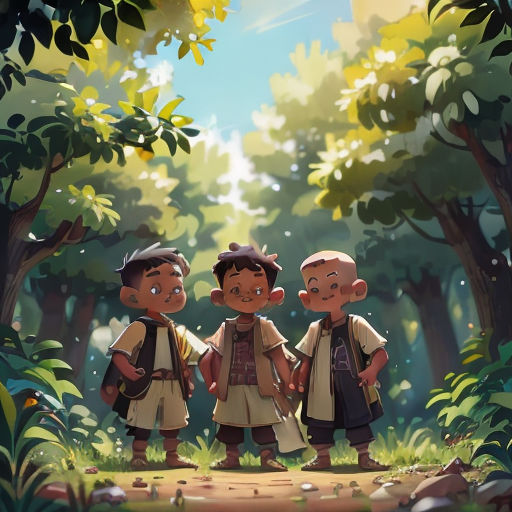 three children standing in the woods holding hands and looking at something in the distance with trees and rocks in the background