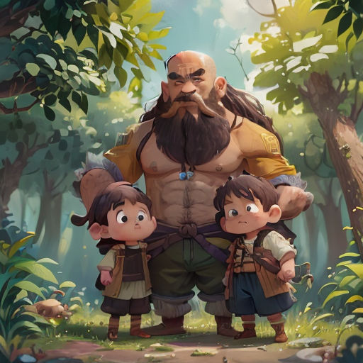 a man with a beard and two children standing in the woods with trees and bushes behind him, with a forest background