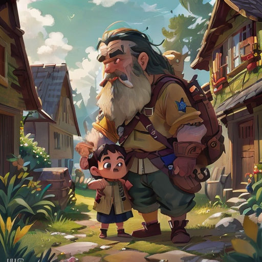 a man and a child standing in front of a village with a gnome on it's back and a house in the background