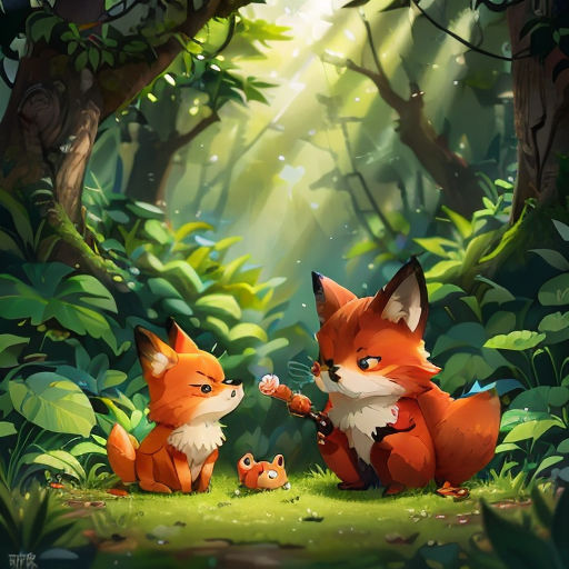 a fox and her cubs in the forest with sunlight streaming through the trees and leaves on the ground,