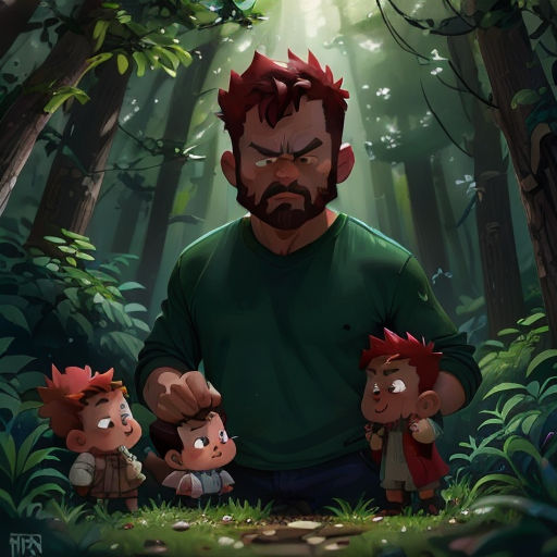 a man standing in the middle of a forest with three children in front of him and a man holding a child