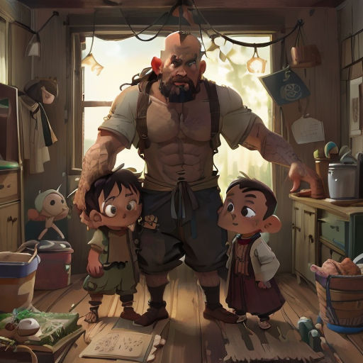 a man and two children in a room with a window and a light above them, and a book on the floor