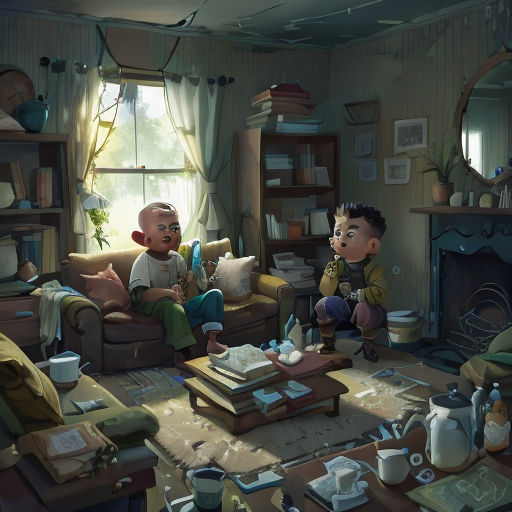 a living room with a couch, chair, and a fire place with two children sitting on the couch