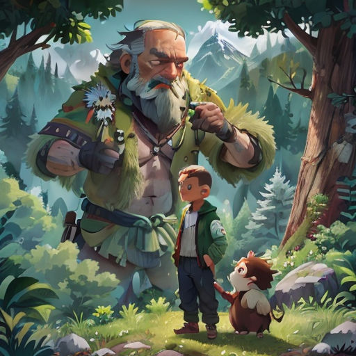 a man standing next to a dog in a forest next to a forest filled with trees and a forest
