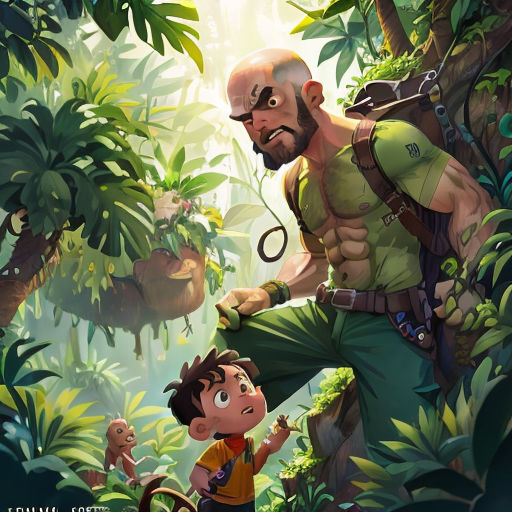 a man and a boy in the jungle with a monkey on his shoulder and a monkey on his shoulder