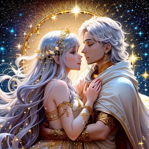 a couple of people that are in the sky with stars behind them and a moon behind them with stars