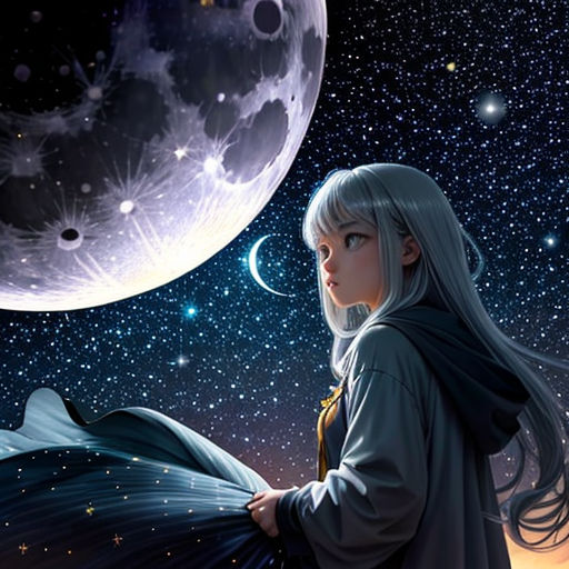 a woman standing in front of a moon and stars with a long white hair and a black cape on