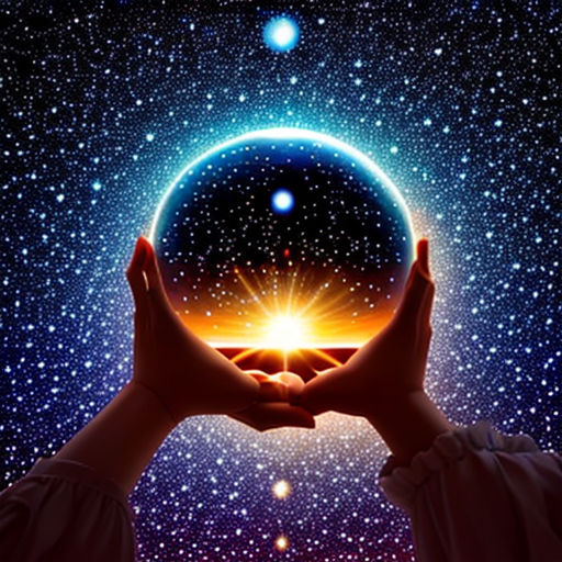 a person holding their hands up to a light in the middle of the night sky with stars in the background