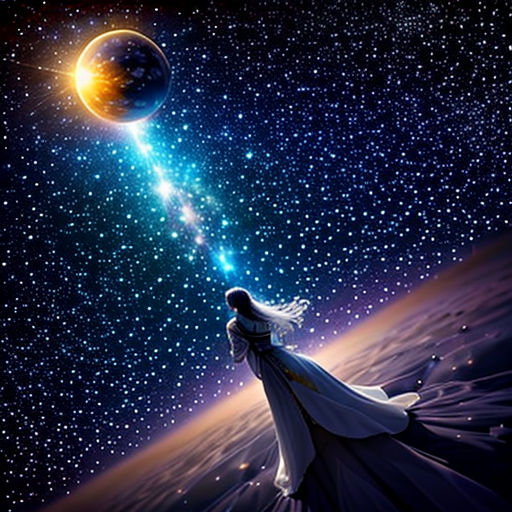 a woman in a white dress standing in the space looking at a star filled sky with a planet in the background