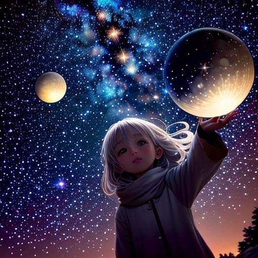 a little girl holding a ball in her hand in front of a night sky with stars and planets in the background