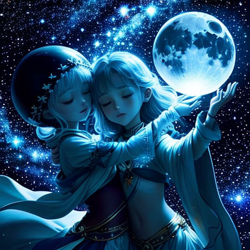 a couple of people that are hugging in the sky with stars in the background and a full moon in the sky