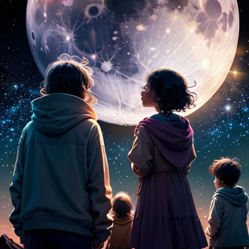 a group of children looking at the moon in the sky with stars in the background and a person standing on the ground
